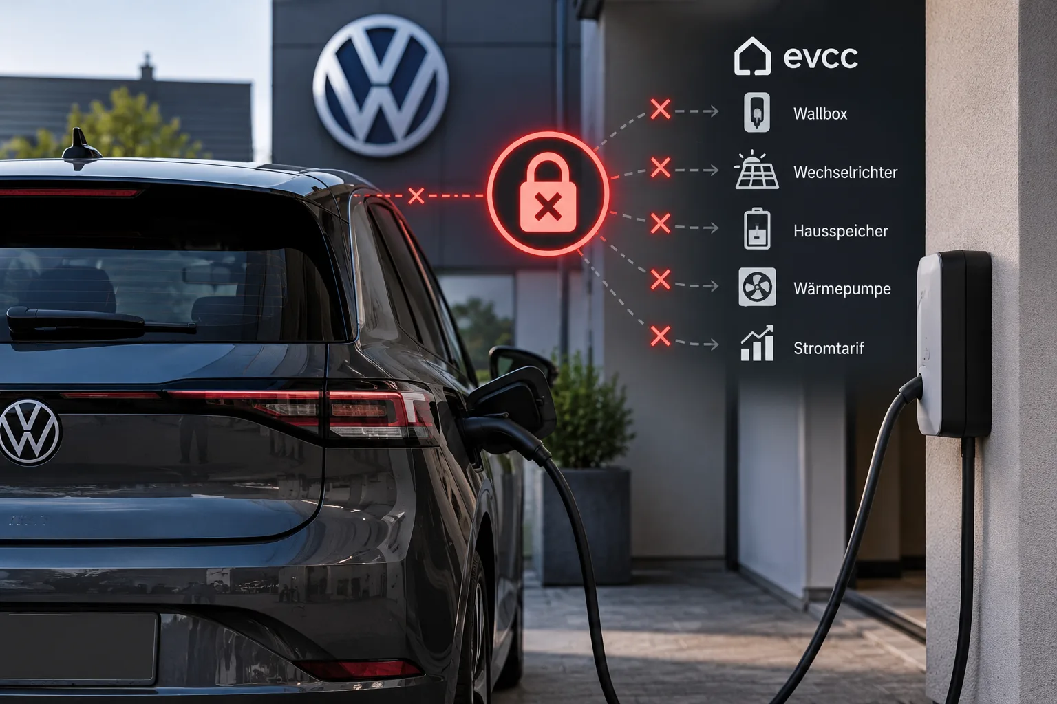 Elektrofahrzeug an einer privaten Wallbox vor einem Wohnhaus. Grafische Symbole verdeutlichen die eingeschränkte Verbindung zwischen Fahrzeug und einem offenen Energiemanagementsystem. Symbolbild zur Sperrung der VW-Fahrzeug-APIs.