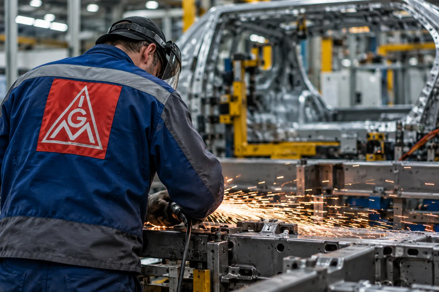 Arbeiter in einer modernen Metall- und Elektrofabrik während der Fertigung. Im Hintergrund sind Produktionsanlagen und Karosserieteile zu sehen. Symbolbild zur laufenden Tarifrunde in der Metall- und Elektroindustrie.