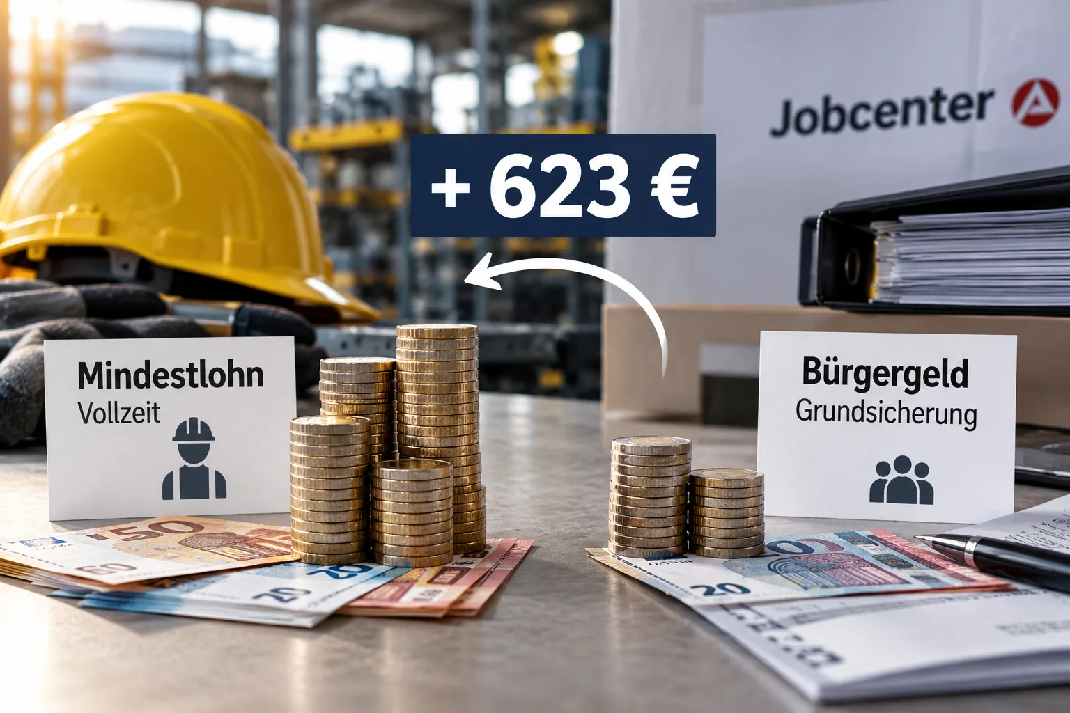 Euro-Banknoten, Gehaltsabrechnung und Taschenrechner auf einem Tisch. Symbolbild zum Einkommensvergleich zwischen gesetzlichem Mindestlohn und Grundsicherung.