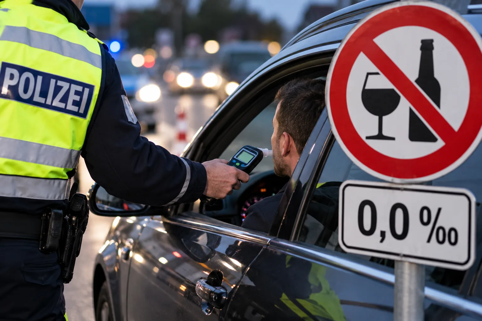 Polizeibeamter führt bei einer Verkehrskontrolle einen Atemalkoholtest bei einem Autofahrer durch. Im Vordergrund weist ein 0,0-Promille-Schild auf ein absolutes Alkoholverbot hin. Symbolbild zur TÜV Mobility Studie 2026.