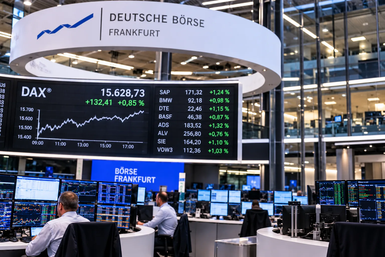 Blick in den Handelssaal der Frankfurter Börse mit DAX-Kursen und digitalen Anzeigetafeln. Symbolbild zum 24/7-Handel mit DAX-Aktien.