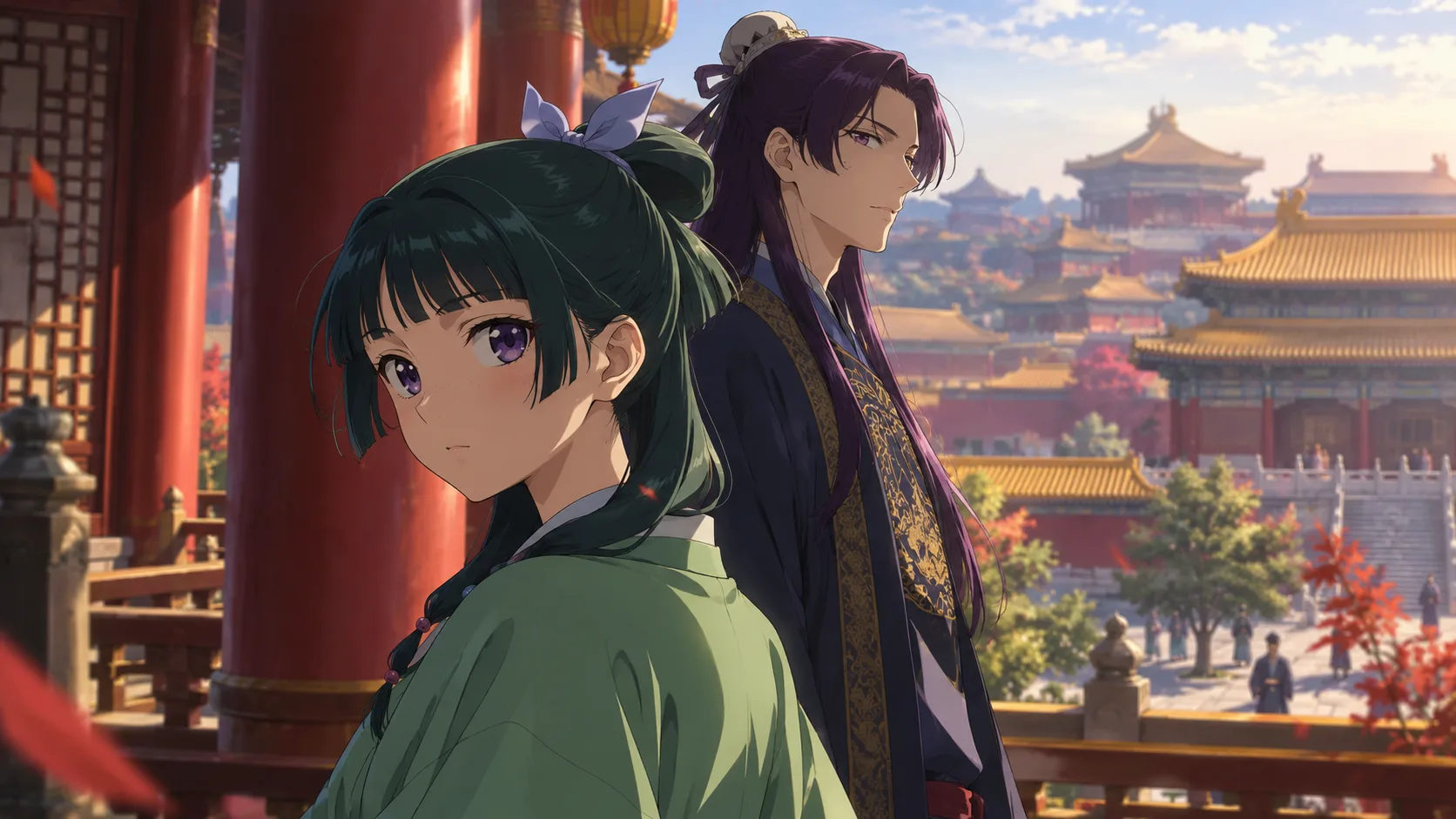Anime-inspiriertes Motiv mit einer jungen Apothekerin und einem Hofbeamten vor einem weitläufigen Kaiserpalast. Symbolbild zu The Apothecary Diaries Staffel 3.
