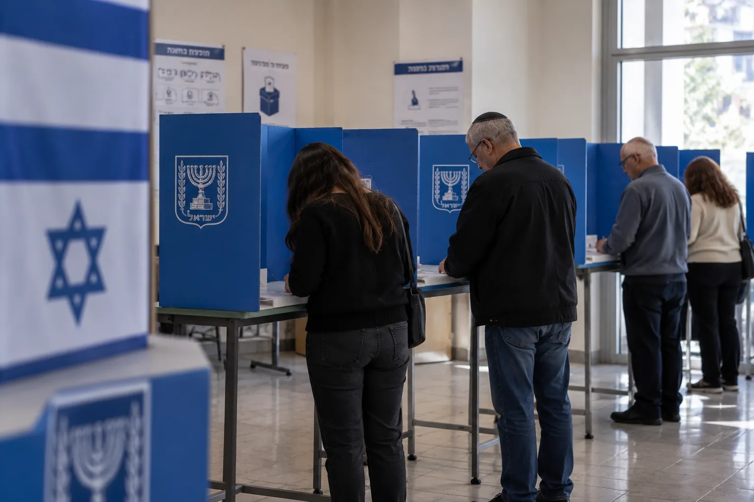 Menschen geben in einem israelischen Wahllokal ihre Stimmen in blauen Wahlkabinen ab. Symbolbild zur Parlamentswahl in Israel.