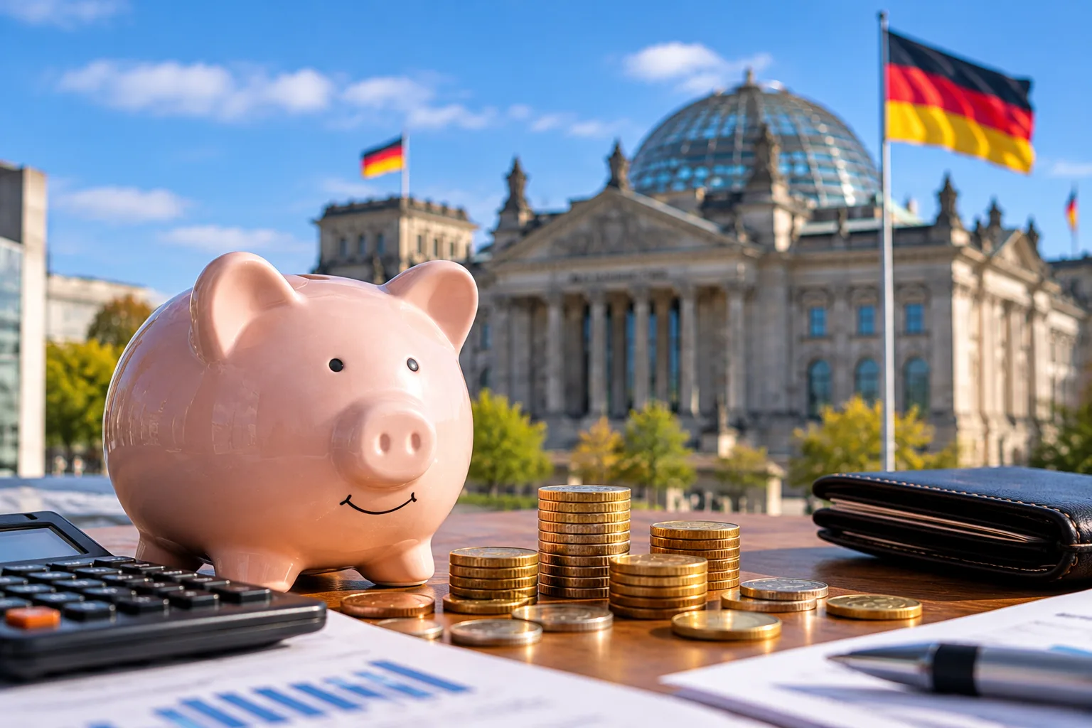 Ein Sparschwein mit Euromünzen auf einem Tisch vor dem Reichstagsgebäude in Berlin. Symbolbild für Sparverhalten, Einkommen und private Finanzen in Deutschland.