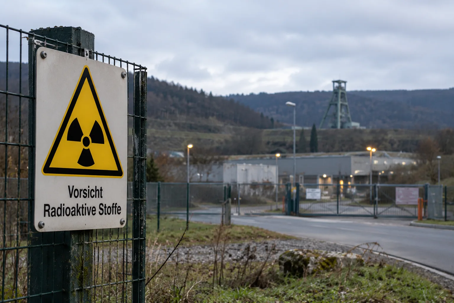 Ein Warnschild mit Radioaktivitäts-Symbol steht vor einer abgesicherten Industrieanlage mit Zufahrt und Gebäuden. Symbolbild zur Endlagersuche für Atommüll in Deutschland.