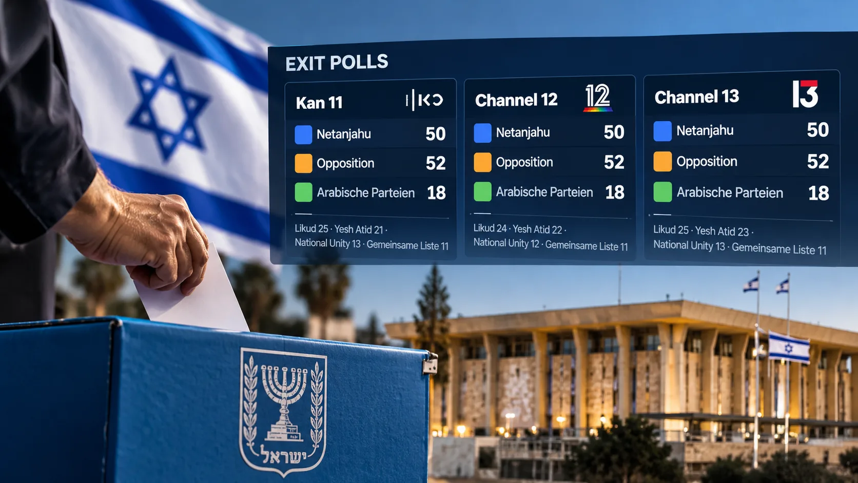 Symbolbild zur Parlamentswahl in Israel mit Wahlurne, israelischer Flagge und einer grafischen Darstellung der ersten Exit Polls.
