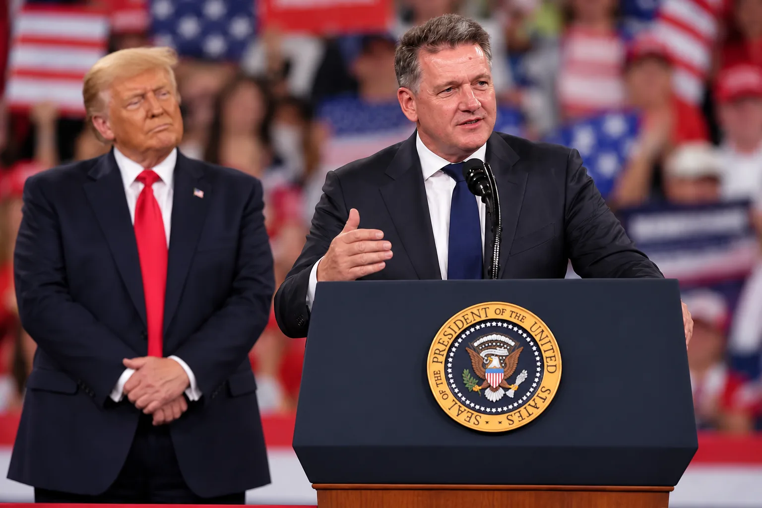 Audi-Chef Gernot Döllner spricht bei einer Wahlkampfveranstaltung in Georgia an einem Rednerpult, während US-Präsident Donald Trump im Hintergrund links steht und zuhört.