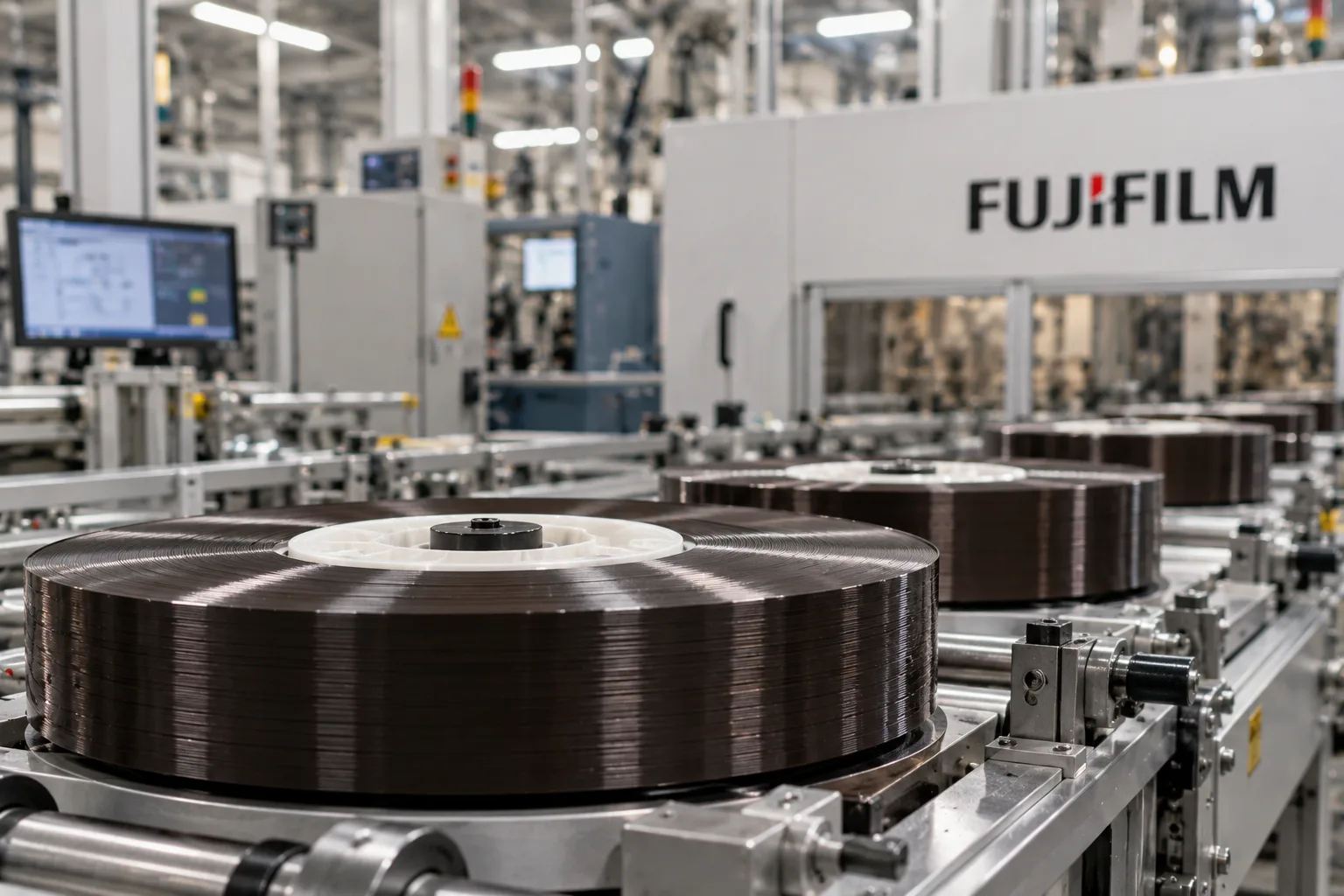 Mehrere Magnetband-Spulen liegen auf einer automatisierten Produktionslinie in einer modernen Fabrik. Im Hintergrund sind Fertigungsanlagen und das Fujifilm-Logo zu sehen. Symbolbild zur Herstellung von Datenspeichern für KI-Infrastruktur.