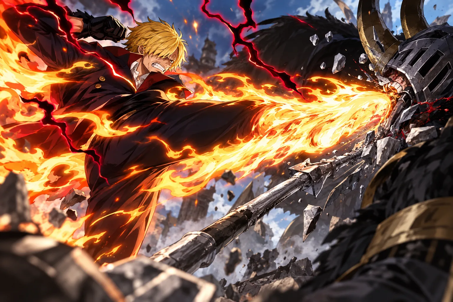Sanji entfesselt in den ersten Leaks zu Kapitel 1197 eine neue Kombination aus Flammen und Haki. Im erbitterten Duell gegen Killingham landet er einen entscheidenden Treffer und setzt ein deutliches Zeichen für den weiteren Verlauf des Kampfes. Die Illustration dient der künstlerischen Darstellung u