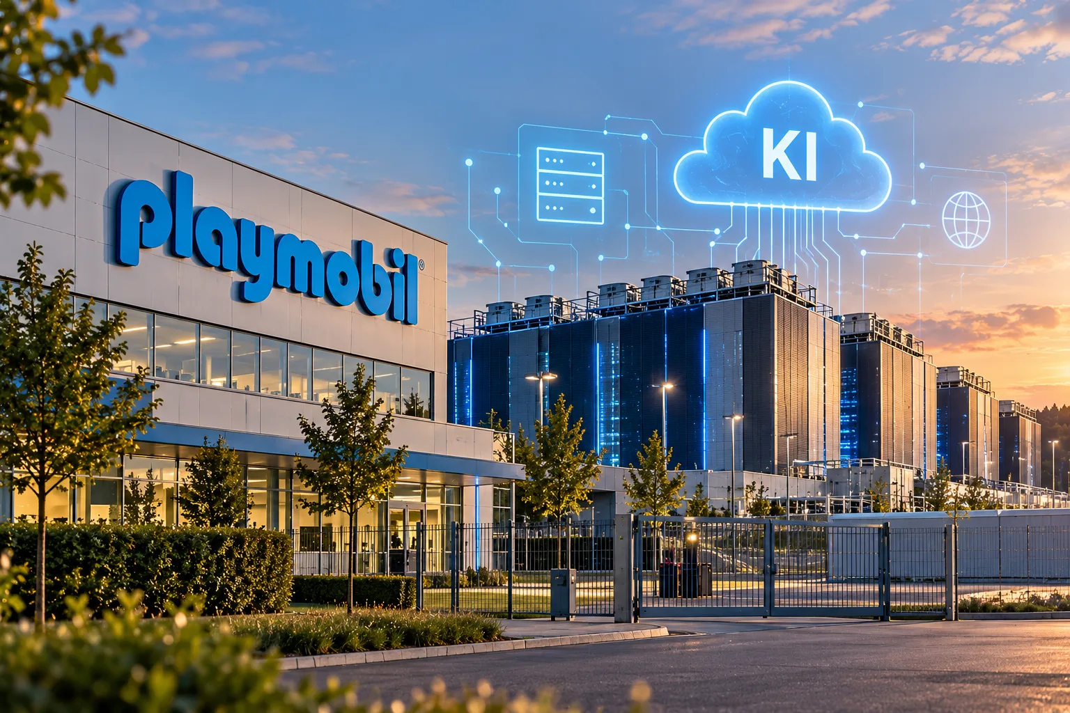 Modernes Unternehmensgelände mit Playmobil-Logo im Vordergrund und großen Rechenzentrumsgebäuden im Hintergrund. Digitale KI- und Cloud-Symbole verdeutlichen die geplante Nutzung als Rechen-Campus. Sy