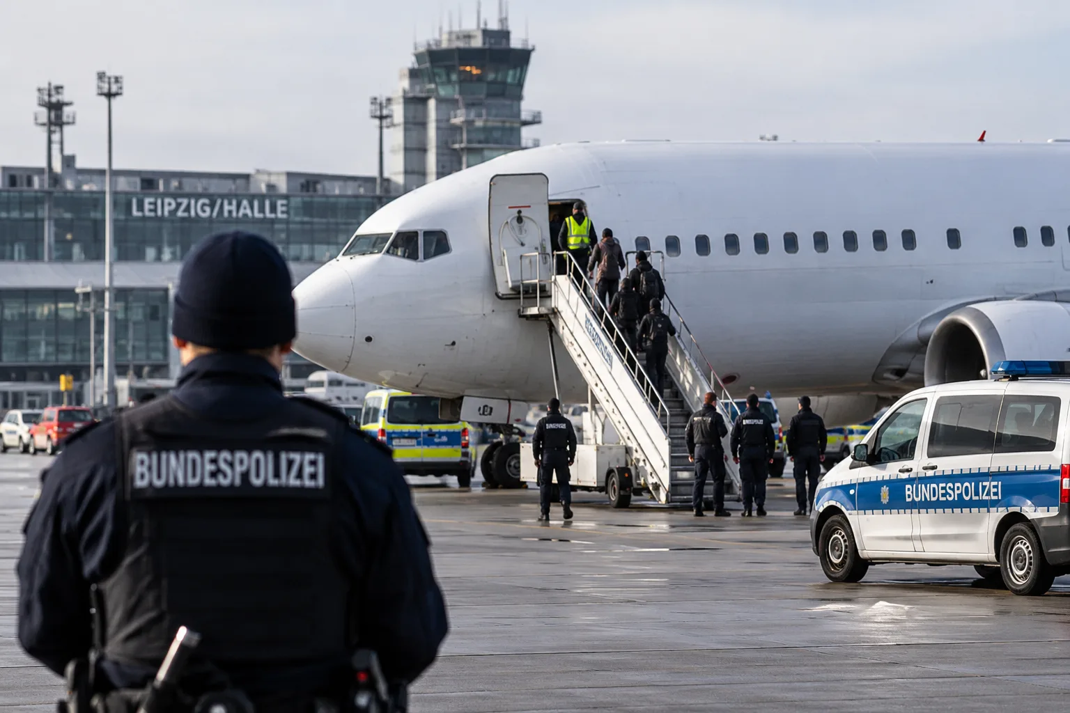 Ein Charterflugzeug steht auf dem Vorfeld des Flughafens Leipzig/Halle. Im Vordergrund beobachtet ein Bundespolizist die Szene, während Einsatzkräfte das Flugzeug absichern. Symbolbild zu einem Abschiebeflug nach Kabul.