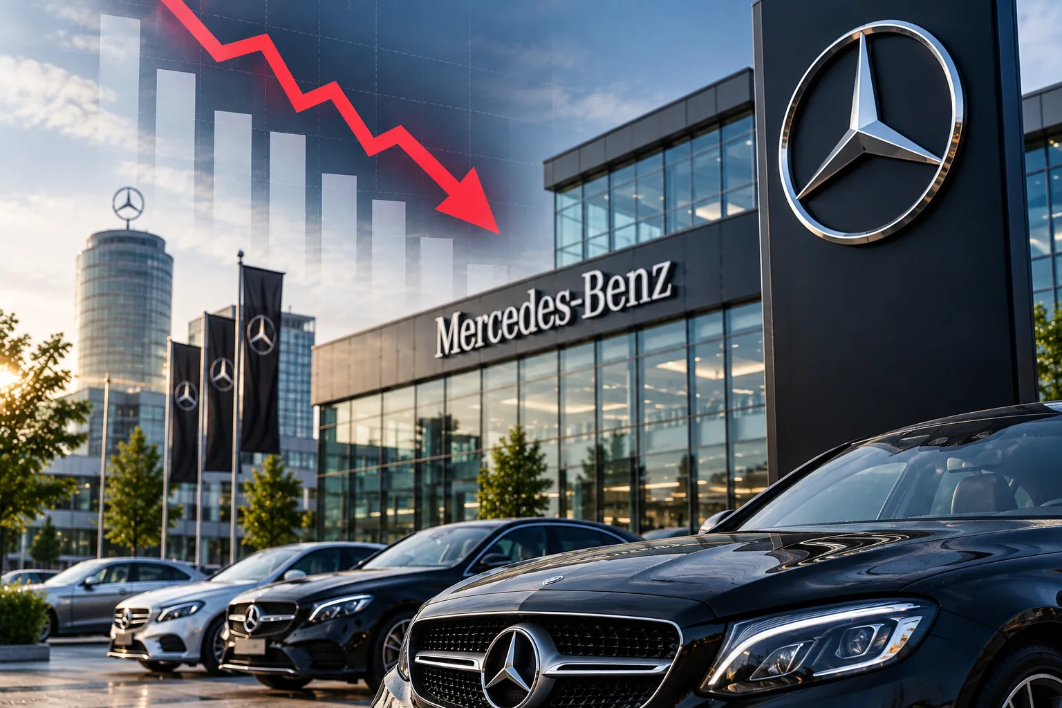 Mercedes-Benz-Autohaus mit mehreren Fahrzeugen vor dem Gebäude. Darüber ist ein fallender Börsenchart eingeblendet, der den Gewinnrückgang des Autobauers symbolisiert.