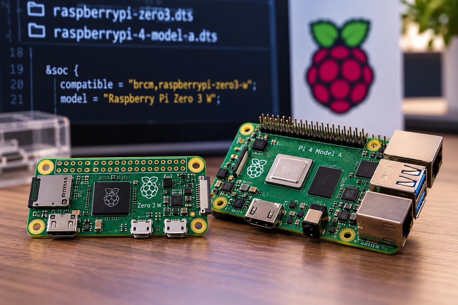 Zwei Raspberry-Pi-Einplatinencomputer auf einem Schreibtisch vor einem Monitor mit Linux-Code. Das Bild symbolisiert die Hinweise auf neue Raspberry-Pi-Modelle im Linux-Kernel.