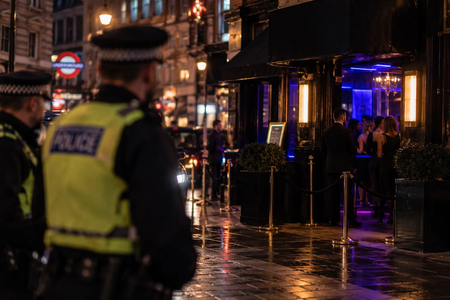 Ein abgesperrter Bereich vor einem Londoner Nachtclub bei Nacht. Im Vordergrund sind zwei leicht unscharfe Beamte der Metropolitan Police zu sehen, während Einsatzfahrzeuge und der Club im Hintergrund scharf dargestellt sind.