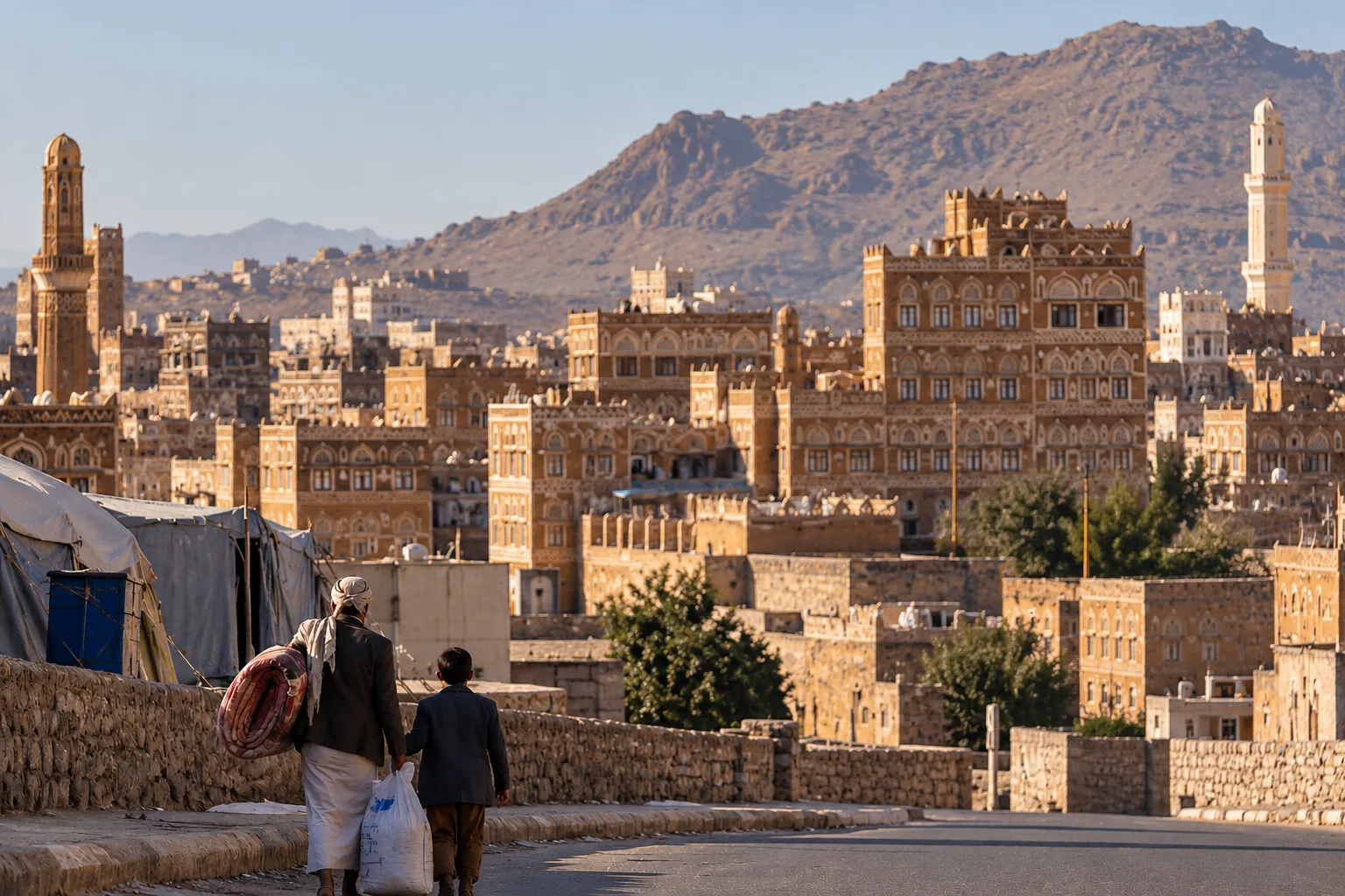 Ein Mann und ein Kind laufen auf einer Straße vor der historischen Altstadt von Sanaa im Jemen. Im Hintergrund sind traditionelle Gebäude und Berge zu sehen. Das Bild symbolisiert Flucht, Vertreibung und die humanitäre Krise im Land.