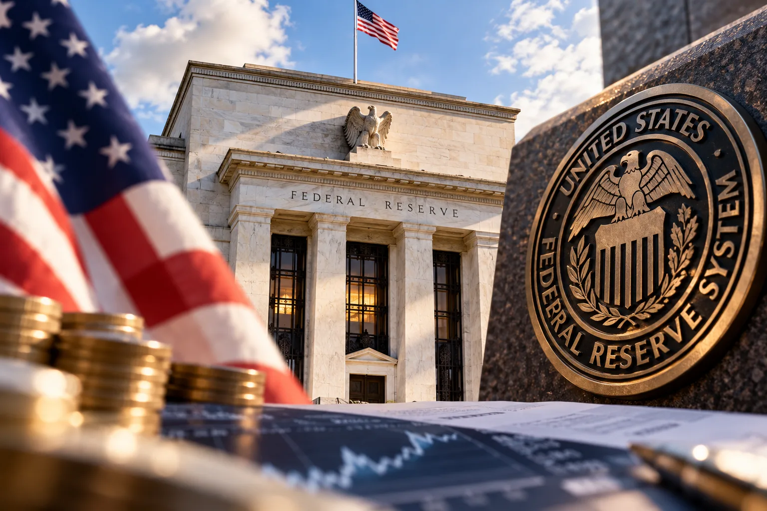 Gebäude der US-Notenbank Federal Reserve mit US-Flagge sowie Finanzdiagrammen und Münzen im Vordergrund.