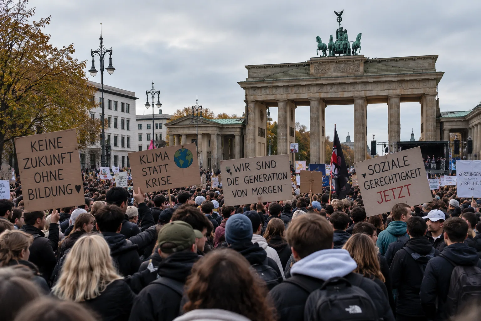 Eine Gruppe überwiegend junger Demonstranten steht mit Plakaten auf einem Platz in einer deutschen Großstadt. Im Hintergrund ist ein bekanntes Wahrzeichen zu sehen. Das Bild symbolisiert die angekündigten bundesweiten Proteste.