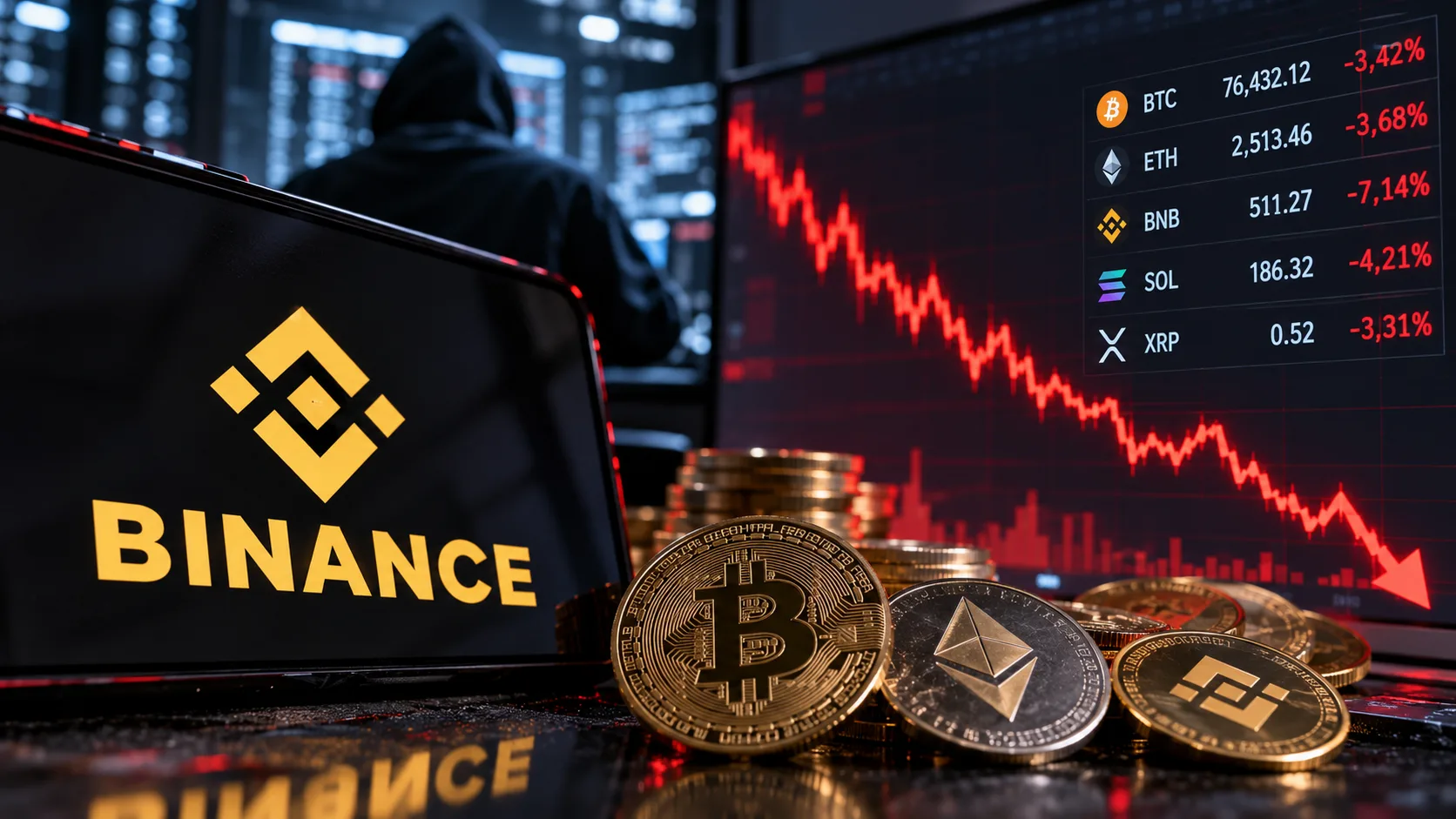 Ein Bildschirm mit dem Binance-Logo und mehreren Kryptowährungen im Vordergrund. Im Hintergrund ist ein unscharfer Hacker vor Monitoren mit fallenden Kursdiagrammen zu sehen. Das Bild symbolisiert den Cyberangriff auf Binance und dessen Auswirkungen auf den Kryptomarkt.