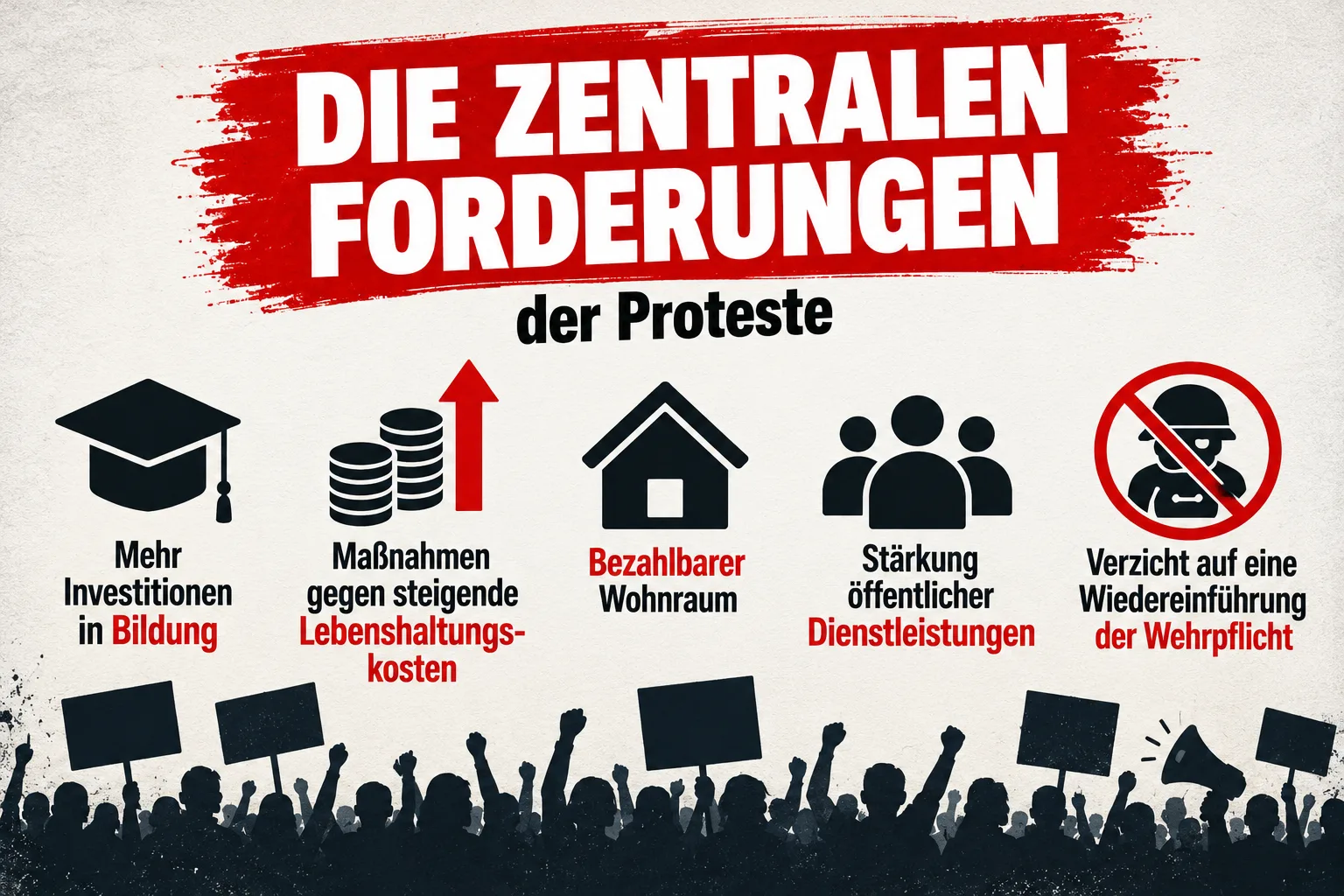 Infografik mit den zentralen Forderungen der bundesweiten Gen-Z-Proteste: Bildung, Lebenshaltungskosten, bezahlbarer Wohnraum, öffentliche Dienstleistungen und keine Wiedereinführung der Wehrpflicht.